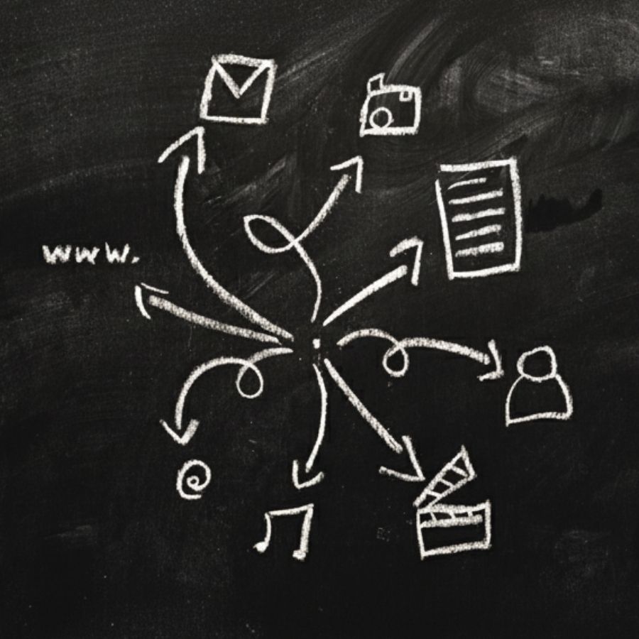 image of a chalkboard drawing showing different icons and lines representing the different touchpoints in the buyer journey.